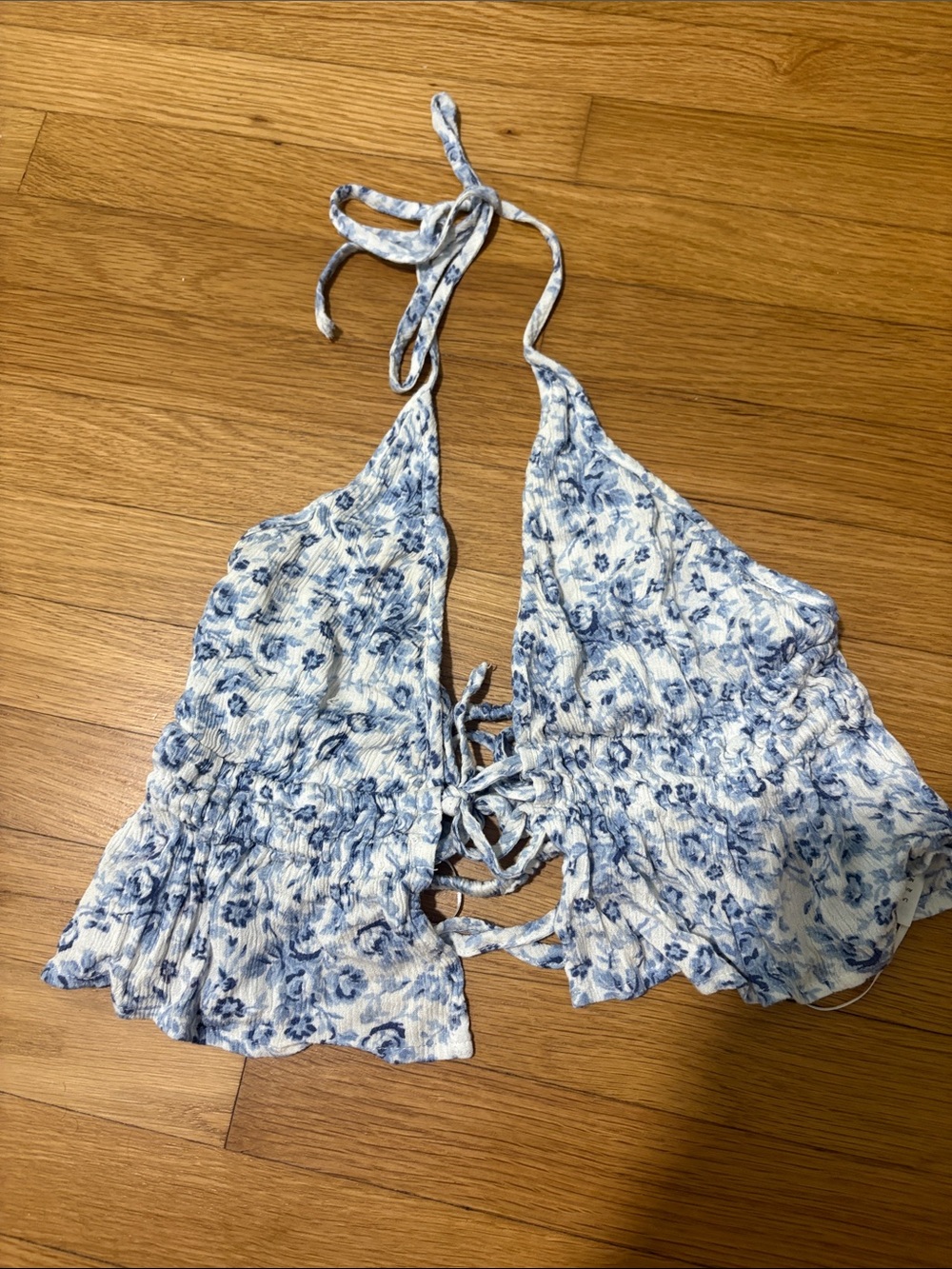 Garage Blue and White Floral Halter Tie-Front Camisole